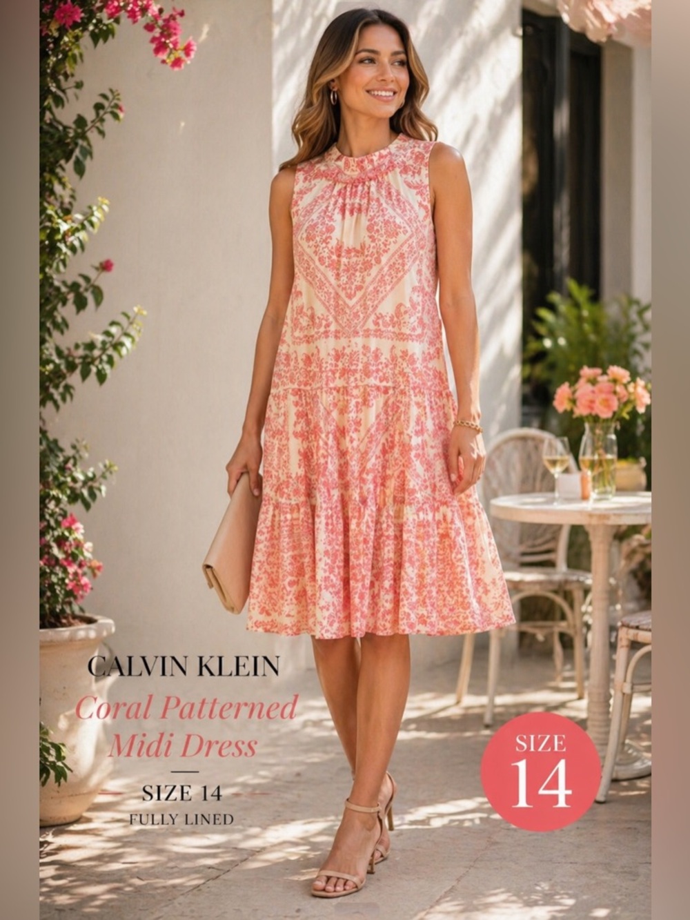 Calvin Klein Coral Print Midi Dress Size 14 Flowy Tie Back Lined Wedding Guest